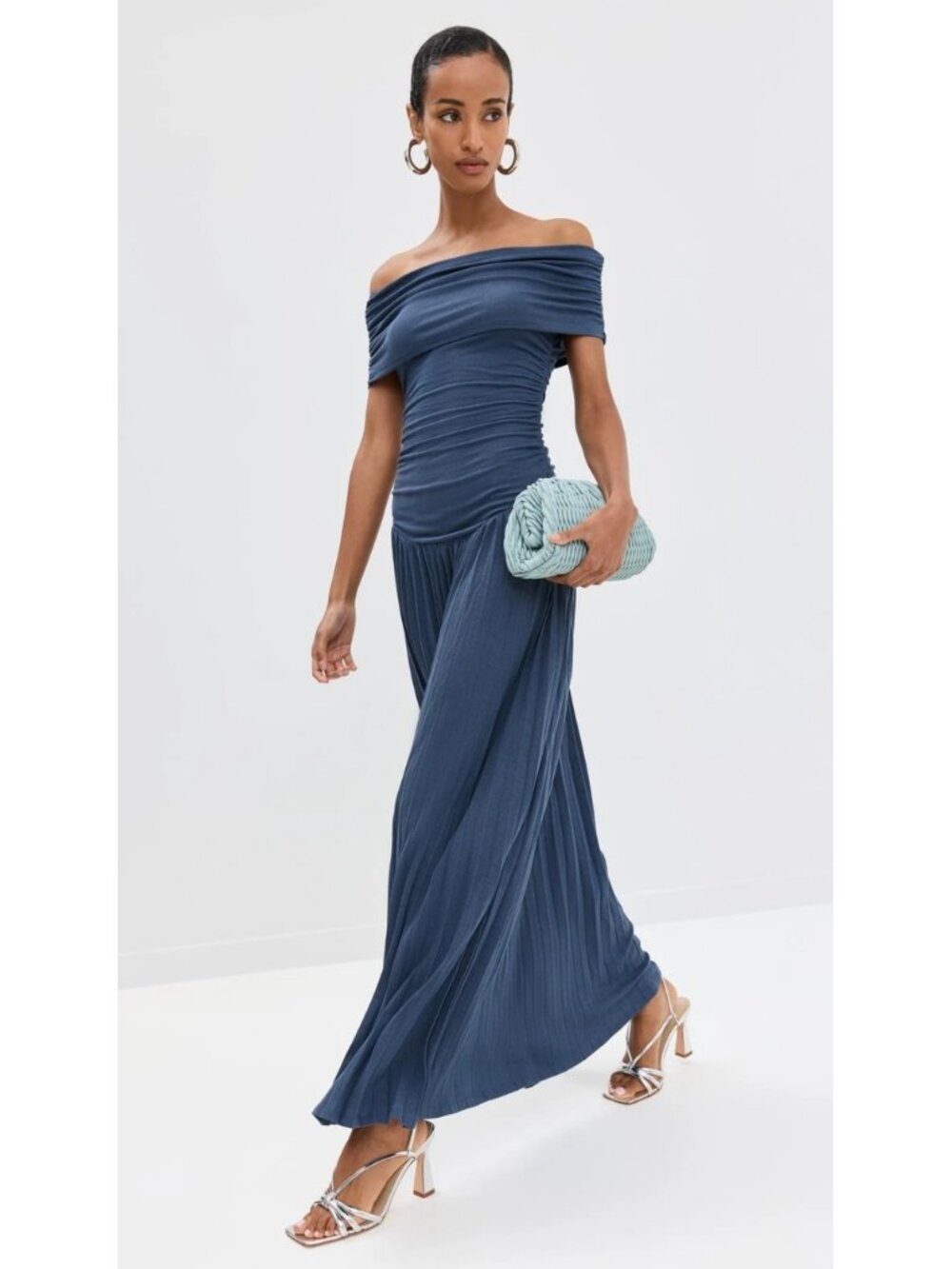 Lioness Navy Blue Off-Shoulder Pleated Maxi Dress - Picture 4 of 15